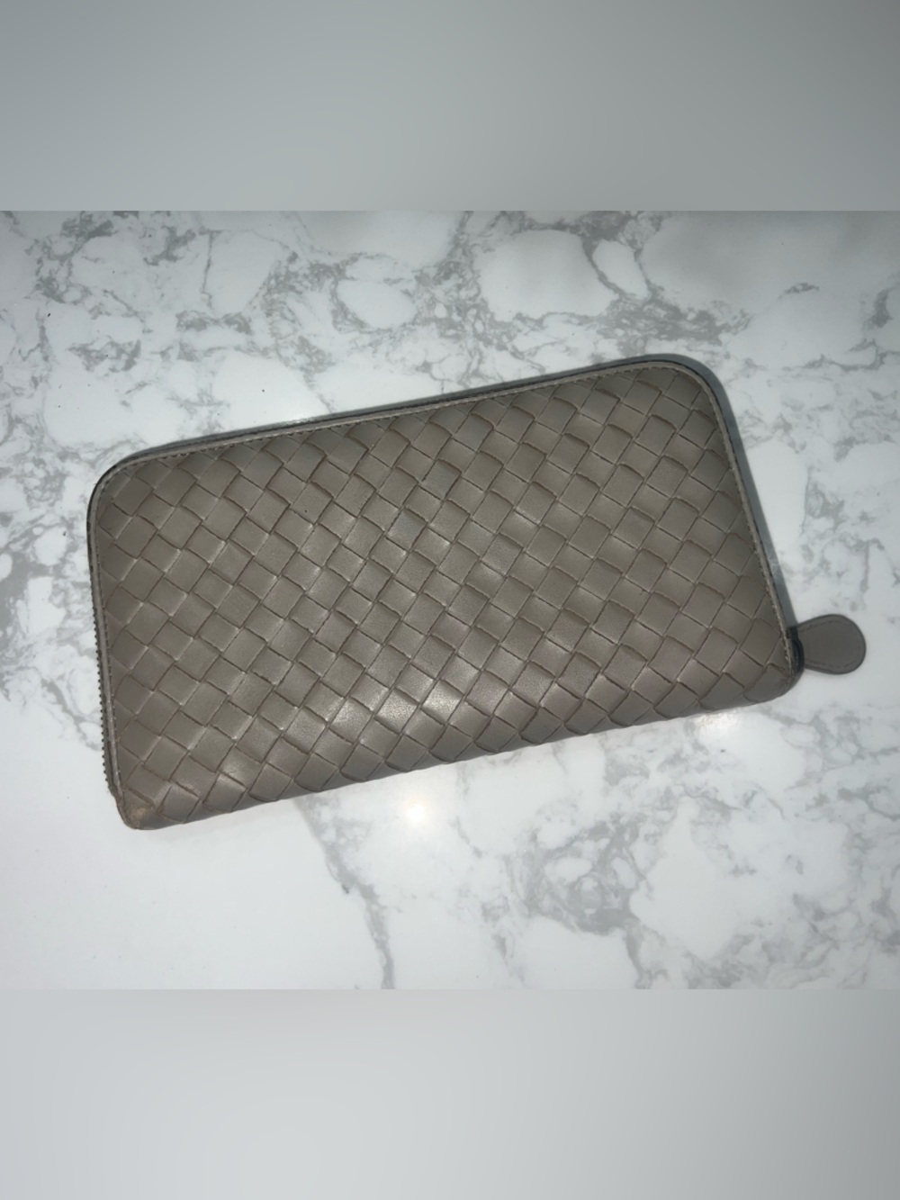 Bottega Veneta Pale Gray Leather Card Wallet with Silver Zip